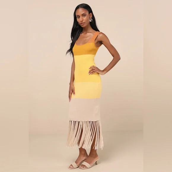 Lulus Delfi Yellow Color Block Fringe Sweater Midi Dress - Picture 3 of 11